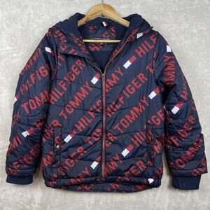 Tommy Hilfiger Boys Puffer Jackey M 10/12 Logo Hooded Jacket Americana *FLAW*